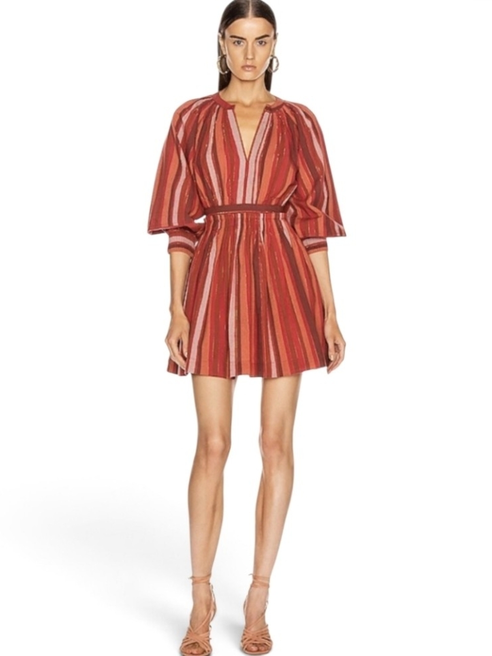 Ulla Johnson Julia Metallic Striped Puff Sleeve Mini Dress Cerise Red Sz 2